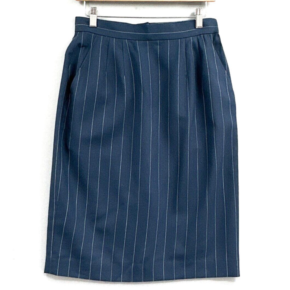 VTG Anne Klein Wool Pencil Skirt 10 Blue Pin Stripe Career Preppy Academia USA - Picture 1 of 14